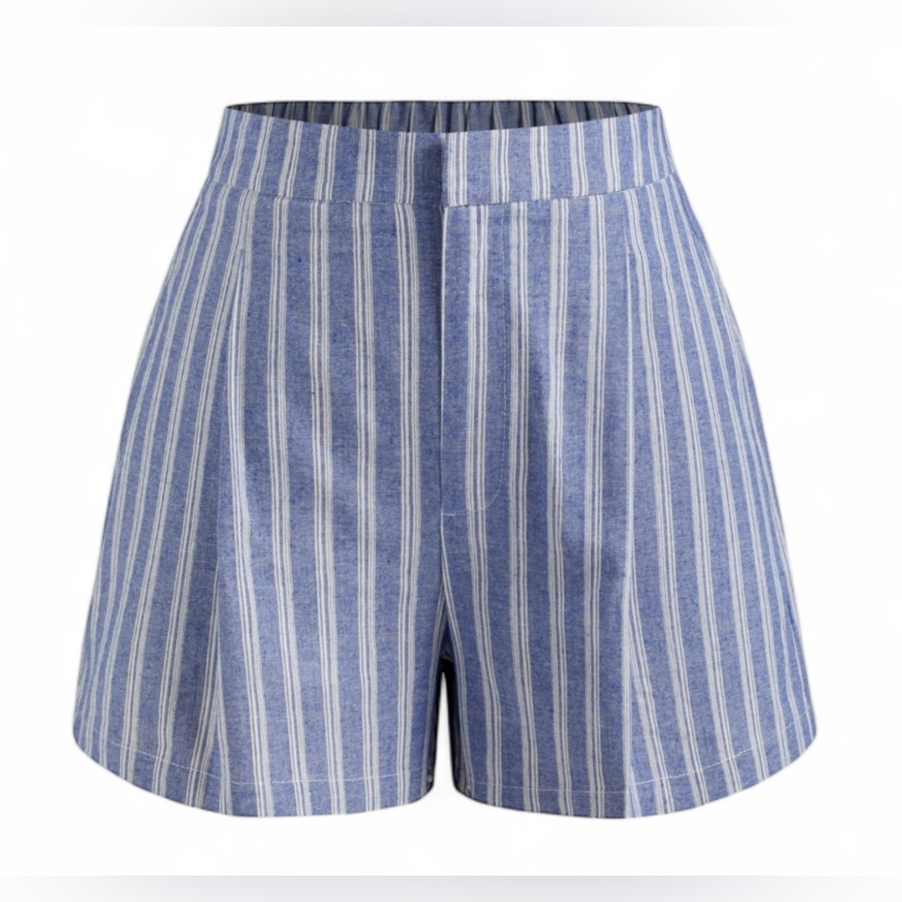 🪩 Blue Plaid Dressy Linen Striped Shorts Size 8
